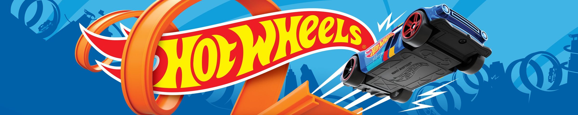 Hot Wheels flame logo over the orange track